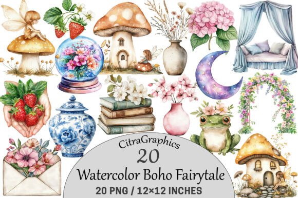 Download Watercolor Boho Fairytale Clipart. - Premium Bundle