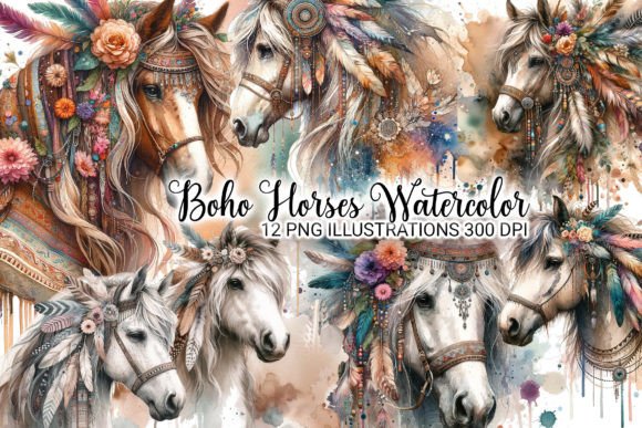 Download Boho Horses Watercolor 12 PNG Bundle - Premium Resources