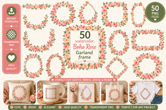 Download 50 Boho Watercolor Rose Garland Frames - Boho Collection