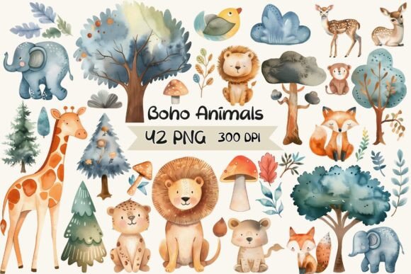 Download Boho Watercolor Animals with Trees - Boho Collection
